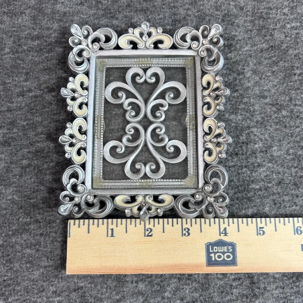 Vintage Ornate Silver Metal Picture Frame Rhinestone Enamel Scrollwork 5.5x4.5
